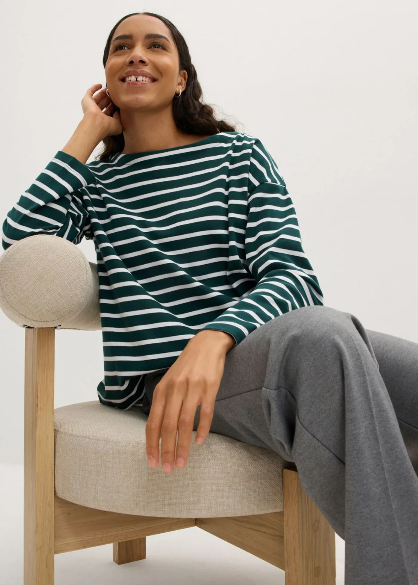 bonprix bonprix Básicos|Camisetas>Camiseta de manga larga de algodón orgánico puro (2 unidades) Verde intenso/blanco de rayas + negro/blanco de rayas