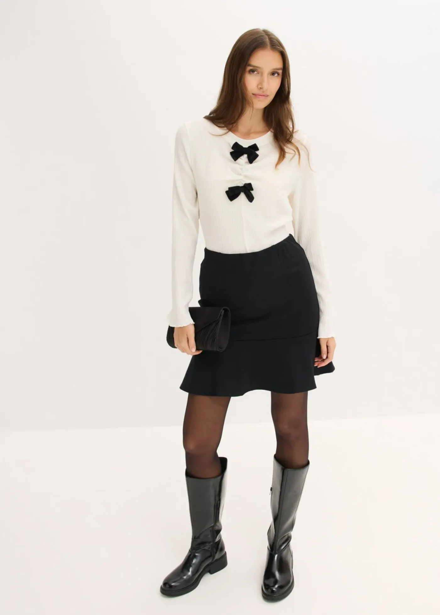 bonprix bonprix Camisetas>Camiseta de manga larga de crepé estructurado Blanco lana