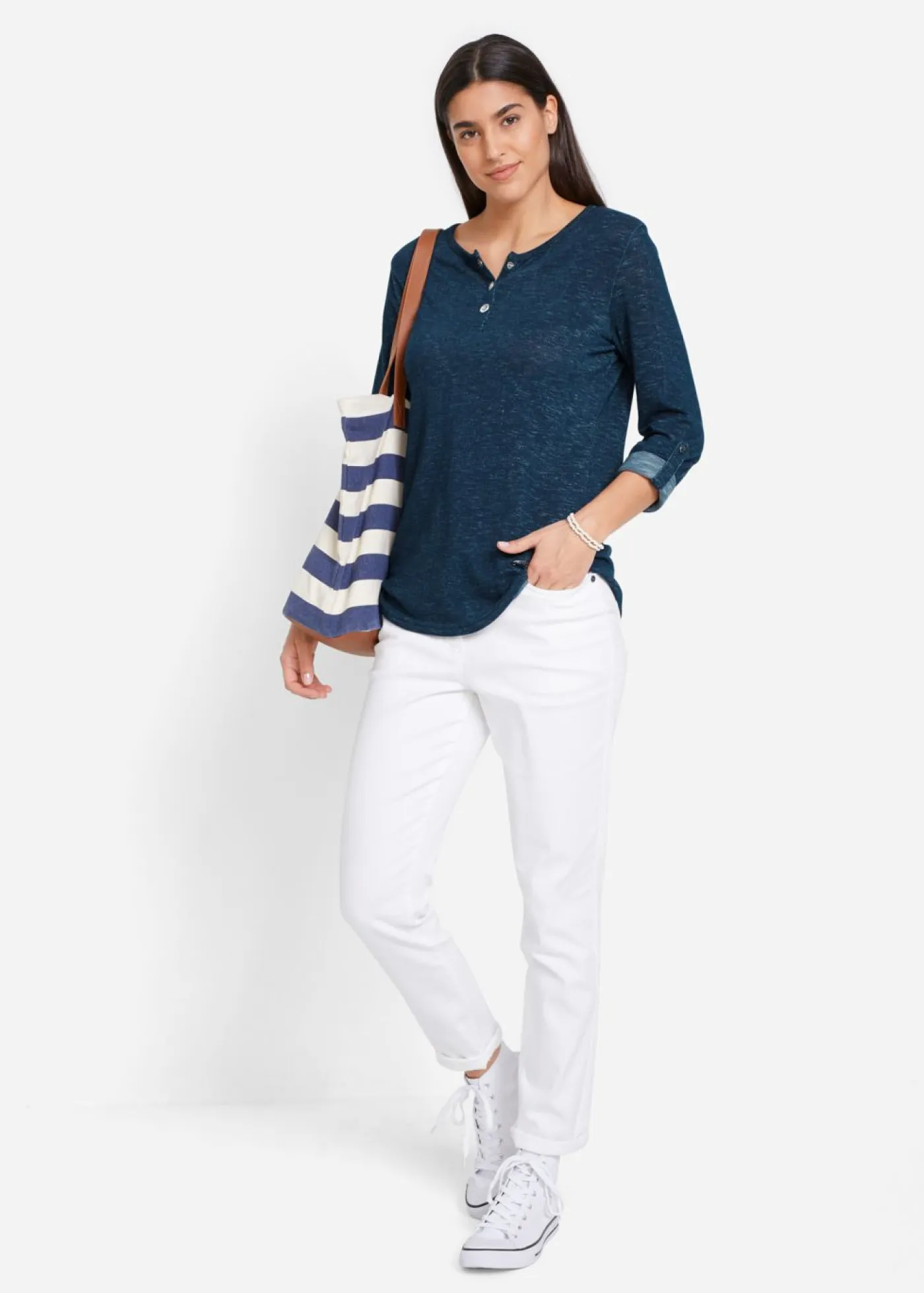 bonprix bonprix Camisetas>Camiseta de mezcla de algodón con manga larga y botones Azul marino jaspeado