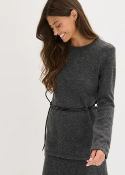 Mujer bonprix bonprix Camiseta de punto con contenido de lana y lazo de piel sintética