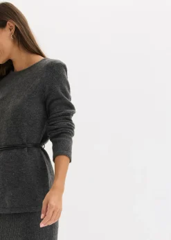 Mujer bonprix bonprix Camiseta de punto con contenido de lana y lazo de piel sintética