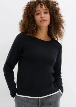 bonprix bonprix Camisetas|Ropa De Punto>Camiseta de punto con dobladillo en contraste Negro-blanco
