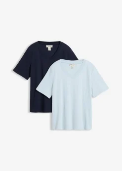 bonprix bonprix Básicos|Camisetas>Camiseta de punto grueso de algodón orgánico puro (2 unidades) azul pálido-azul marino