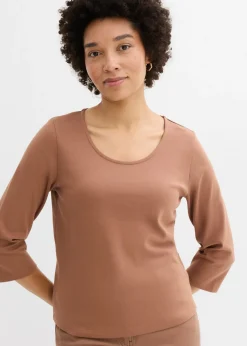 bonprix bonprix Básicos|Camisetas>Camiseta de punto grueso de algodón orgánico puro con mangas 3/4 Marrón castaño