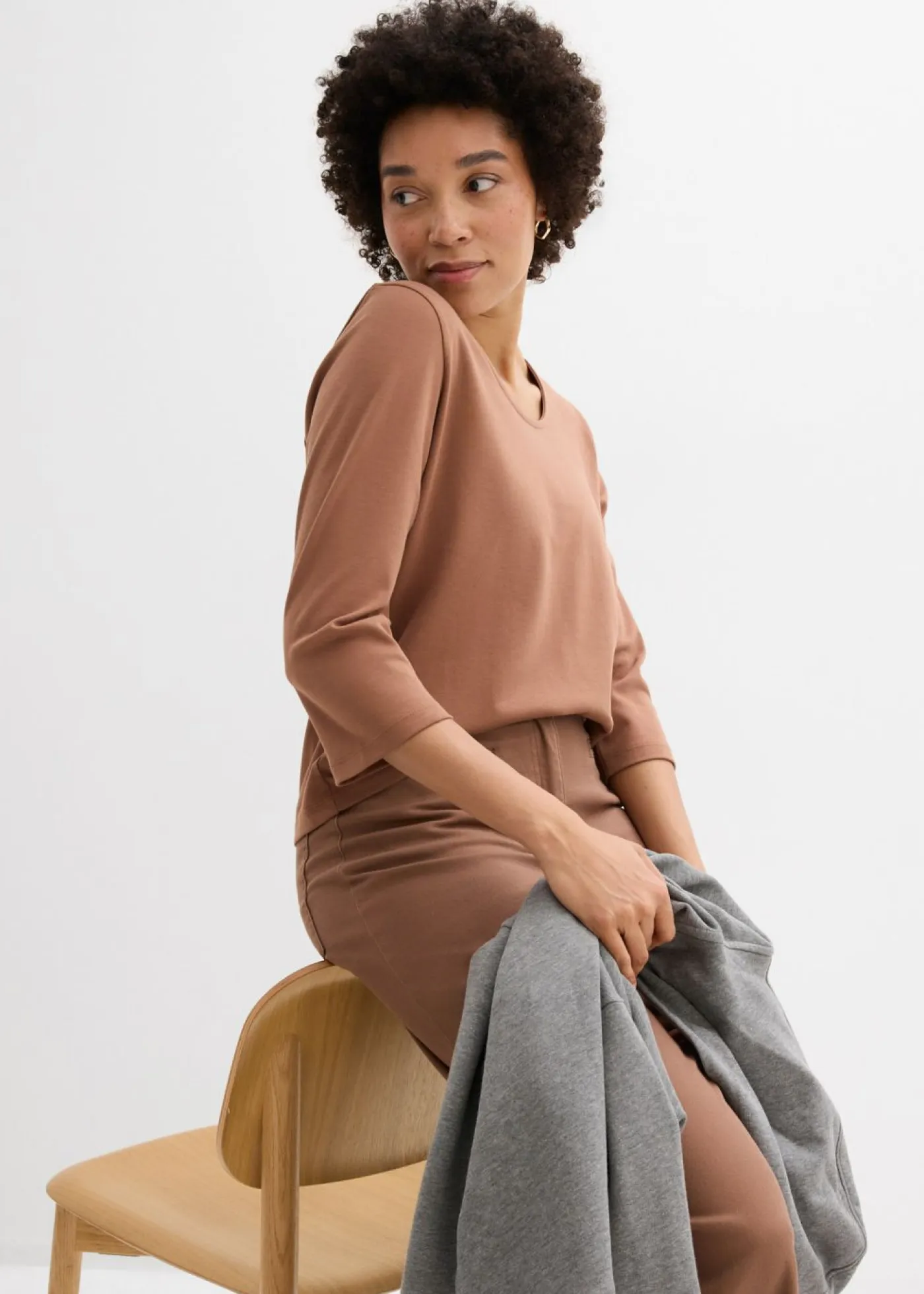 bonprix bonprix Básicos|Camisetas>Camiseta de punto grueso de algodón orgánico puro con mangas 3/4 Marrón castaño