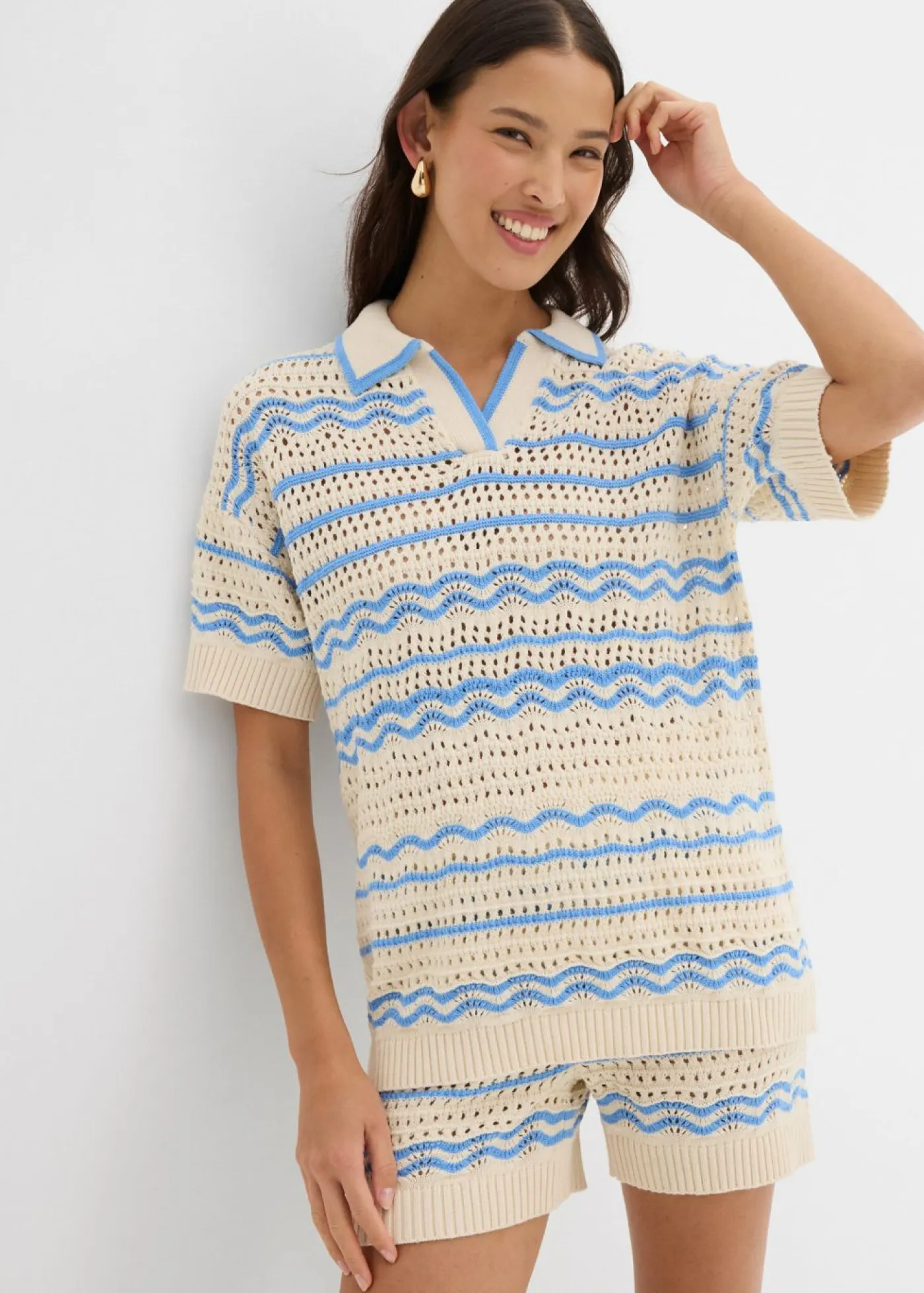 bonprix bonprix Camisetas|Ropa De Punto>Camiseta de punto oversize en mezcla vaporosa de algodón y lino marfil/azul provenzal rayas horizontales