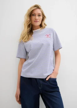 bonprix bonprix Camisetas>Camiseta de rayas con bordado azul marino-blanco con rayas