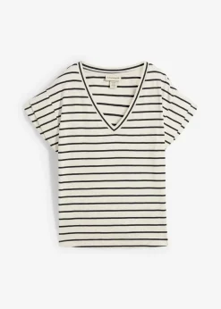 bonprix bonprix Camisetas>Camiseta de rayas con volantes en las mangas crudo-negro con rayas