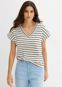 bonprix bonprix Camisetas>Camiseta de rayas con volantes en las mangas crudo-negro con rayas