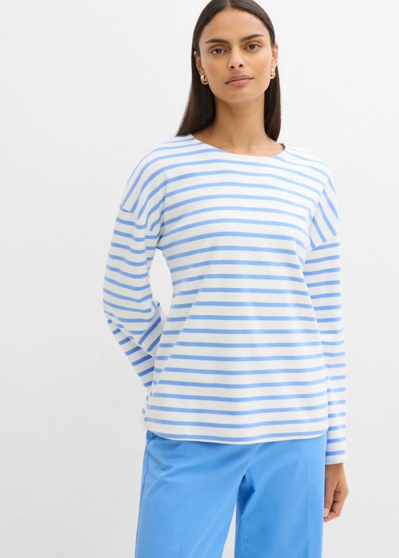 bonprix bonprix Esenciales|Camisetas>Camiseta de rayas de algodón orgánico con manga larga azul provenzal-blanco lana rayas horizontales