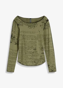 bonprix bonprix Camisetas>Camiseta de suave viscosa con manga larga Verde oliva-negro estampado