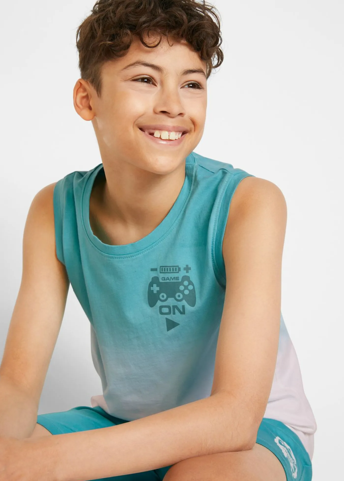 bonprix bonprix Ropa 9 A 16 Años·Camisetas|Ropa 9 A 16 Años·Shorts>Camiseta de tirantes y bermudas de punto (2 piezas) de algodón orgánico puro Azul verdoso oscuro-blanco estampado