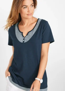 bonprix bonprix Camisetas>Camiseta efecto 2 en 1, manga corta Azul marino de rayas