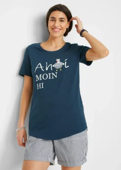 bonprix bonprix Camisetas>Camiseta en mezcla de algodón Azul marino estampado