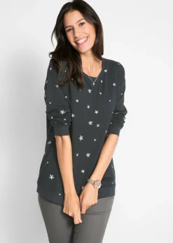 bonprix bonprix Camisetas>Camiseta estampada de algodón con manga larga Negro estampado