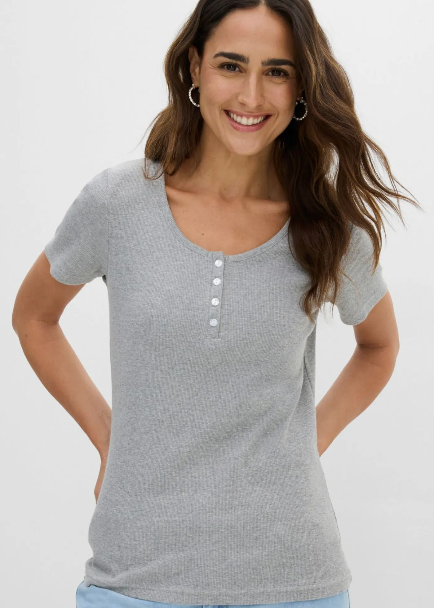 bonprix bonprix Básicos|Camisetas>Camiseta henley con algodón orgánico puro Gris claro jaspeado