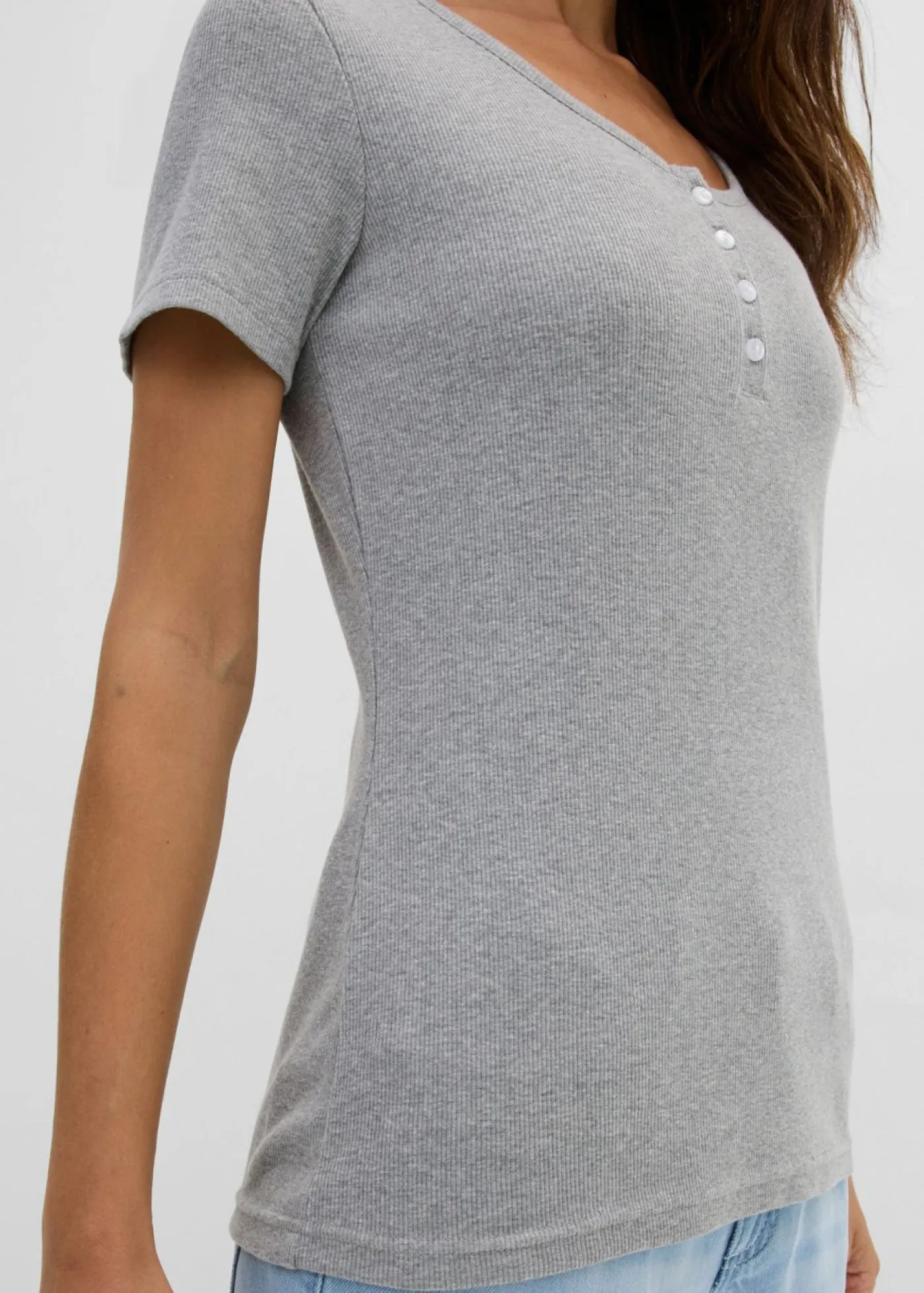 bonprix bonprix Básicos|Camisetas>Camiseta henley con algodón orgánico puro Gris claro jaspeado