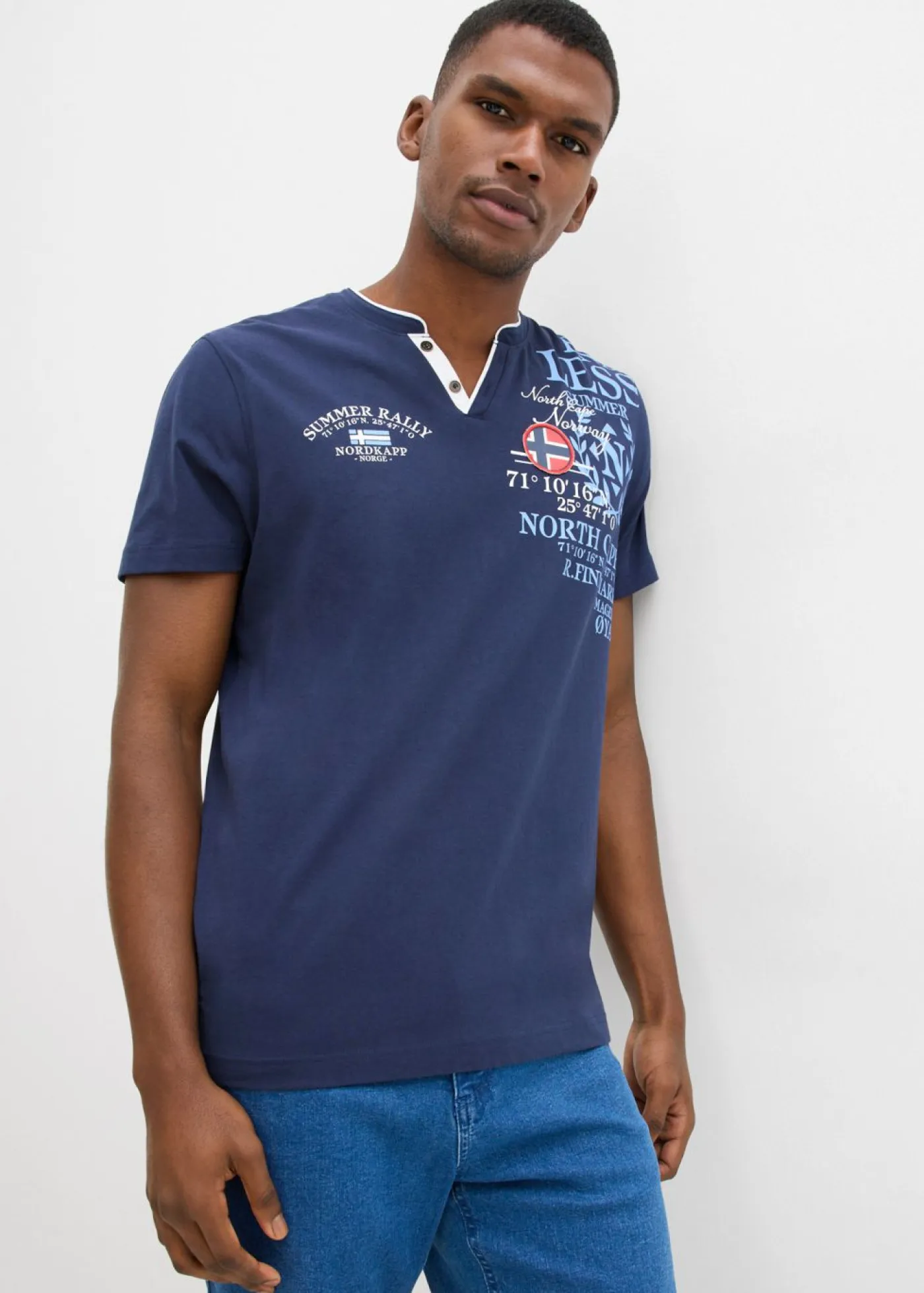 bonprix bonprix Camisetas Y Polos>Camiseta henley de manga corta de algodón orgánico puro Azul marino estampado