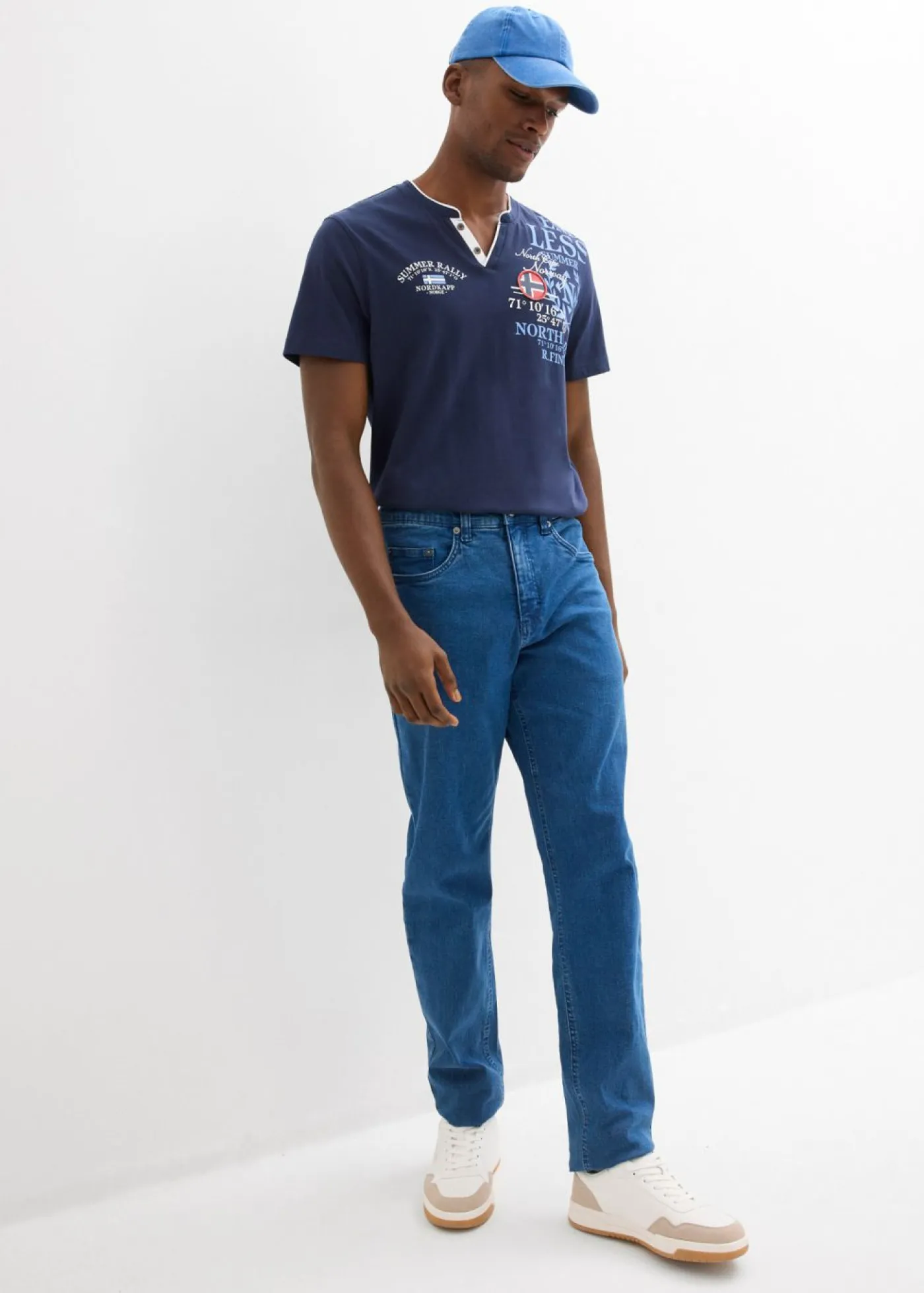 bonprix bonprix Camisetas Y Polos>Camiseta henley de manga corta de algodón orgánico puro Azul marino estampado