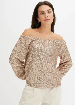 bonprix bonprix Camisetas>Camiseta holgada con escote bañera y lentejuelas Piedra/plata