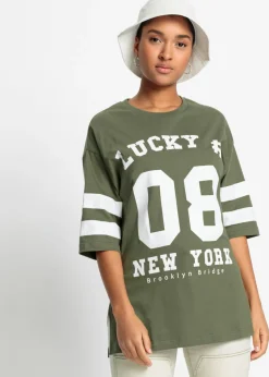 bonprix bonprix Camisetas>Camiseta holgada de algodón orgánico puro Verde oliva-blanco