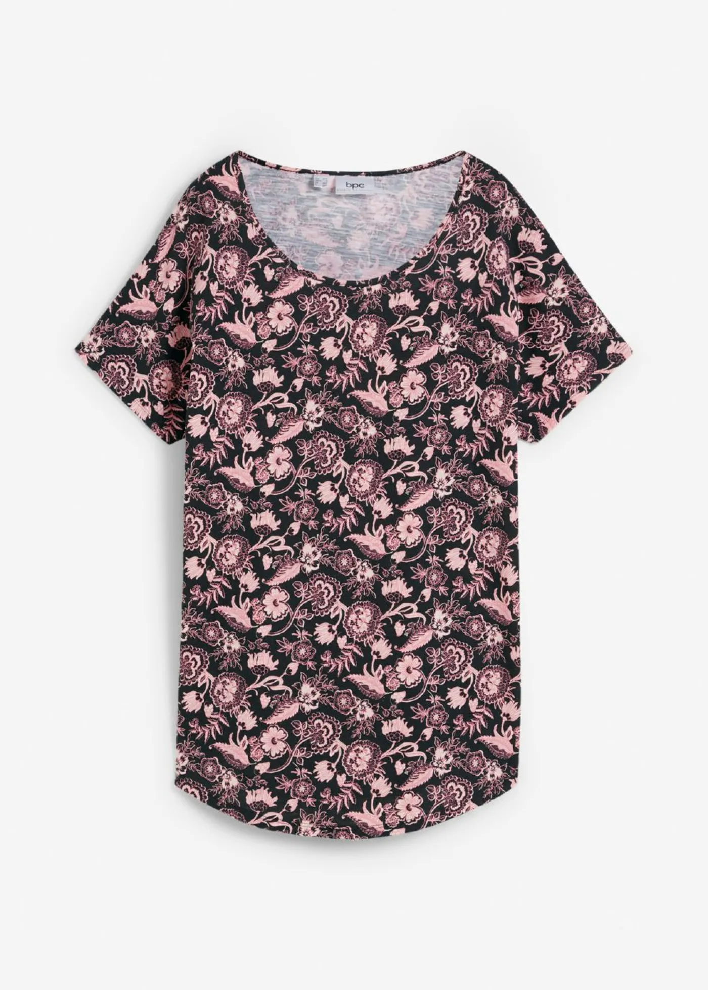bonprix bonprix Camisetas>Camiseta holgada de hilo flameado de algodón orgánico con dobladillo redondeado Negro-rosa pálido de flores