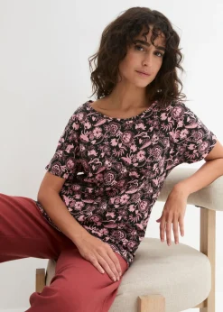 bonprix bonprix Camisetas>Camiseta holgada de hilo flameado de algodón orgánico con dobladillo redondeado Negro-rosa pálido de flores