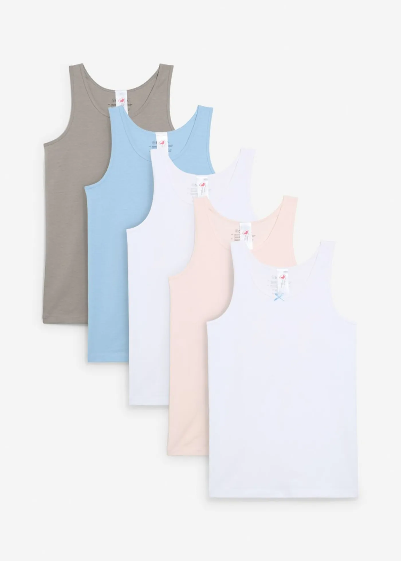 bonprix bonprix Niña·Braguitas Y Tops|Multipack>Camiseta interior con algodón suave y lazo de satén (5 unidades) rosa claro-azul claro-gris-blanco