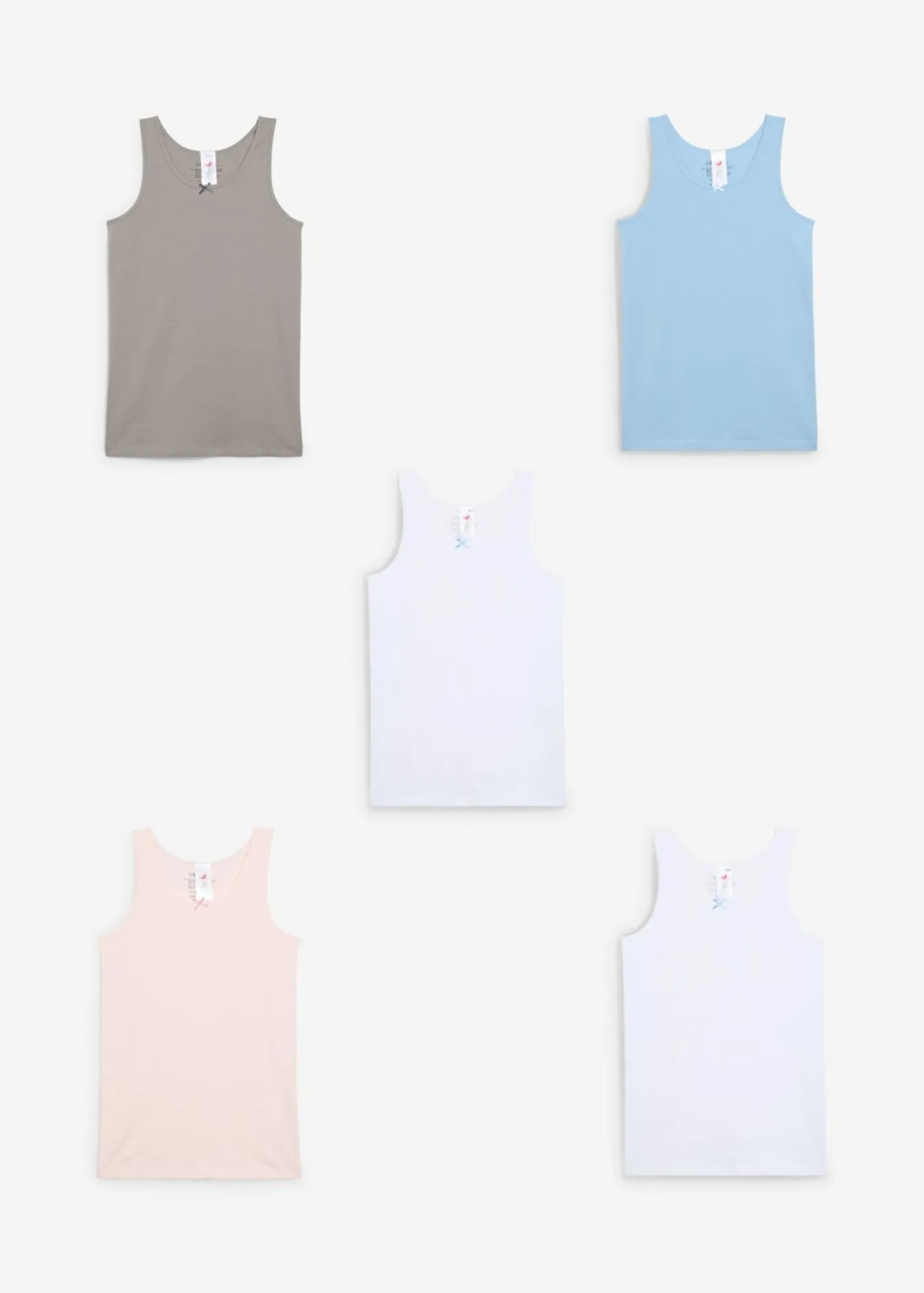 bonprix bonprix Niña·Braguitas Y Tops|Multipack>Camiseta interior con algodón suave y lazo de satén (5 unidades) rosa claro-azul claro-gris-blanco