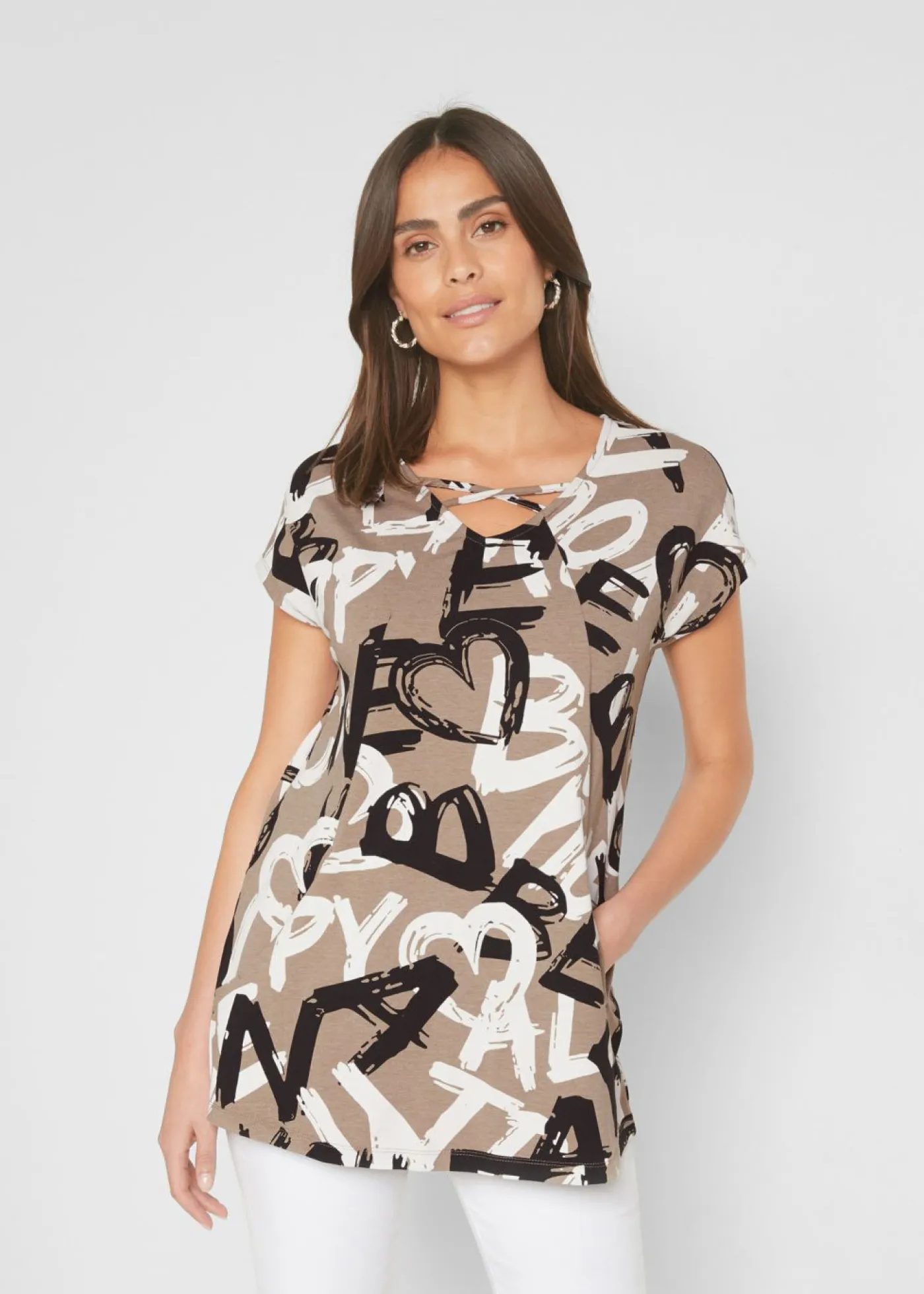 bonprix bonprix Camisetas>Camiseta larga Marrón grisáceo-negro-blanco estampado