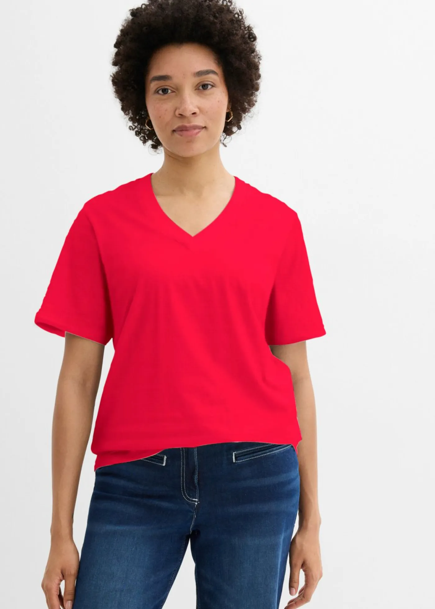 bonprix bonprix Básicos|Camisetas>Camiseta larga ancha con cuello en V, manga corta (5 unidades) Blanco/azul marino de rayas + rojo lava + azul claro