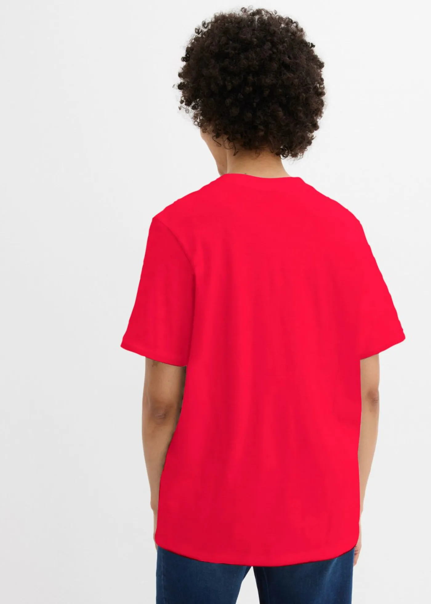 bonprix bonprix Básicos|Camisetas>Camiseta larga ancha con cuello en V, manga corta (5 unidades) Blanco/azul marino de rayas + rojo lava + azul claro