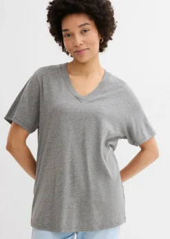 bonprix bonprix Básicos|Camisetas>Camiseta larga ancha con cuello en V, manga corta (5 unidades) Verde gema/blanco/gris jaspeado/pink lady/amarillo azafrán