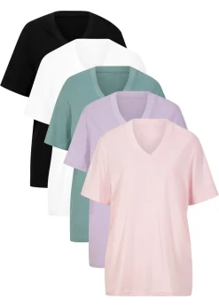 bonprix bonprix Básicos|Camisetas>Camiseta larga ancha con cuello en V, manga corta (5 unidades) lavanda + salvia fumé+ rosa pálido + negro + blanco