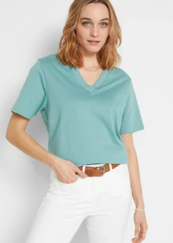 bonprix bonprix Básicos|Camisetas>Camiseta larga ancha con cuello en V, manga corta (5 unidades) lavanda + salvia fumé+ rosa pálido + negro + blanco