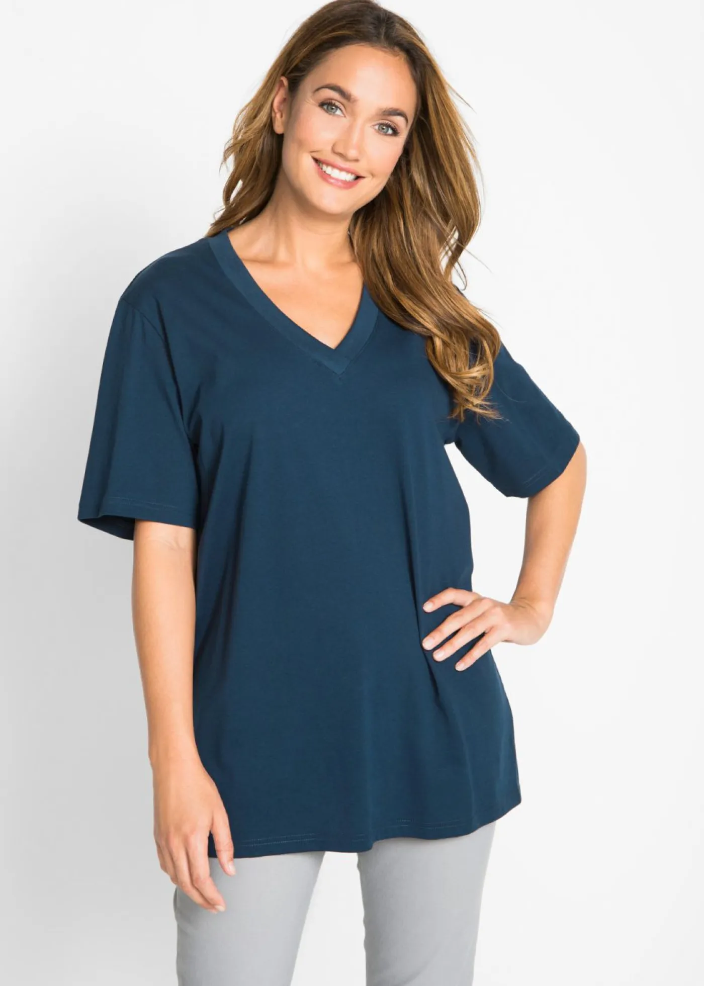 Mujer bonprix bonprix Camiseta larga ancha con cuello en V, manga corta (5 unidades)