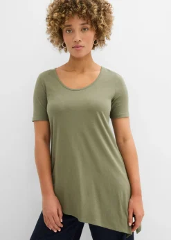 bonprix bonprix Camisetas|Novedades>Camiseta larga asimétrica de mezcla de algodón y viscosa Verde oliva