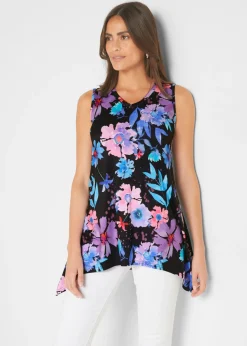 bonprix bonprix Camisetas>Camiseta larga con borde irregular Negro-lila de flores