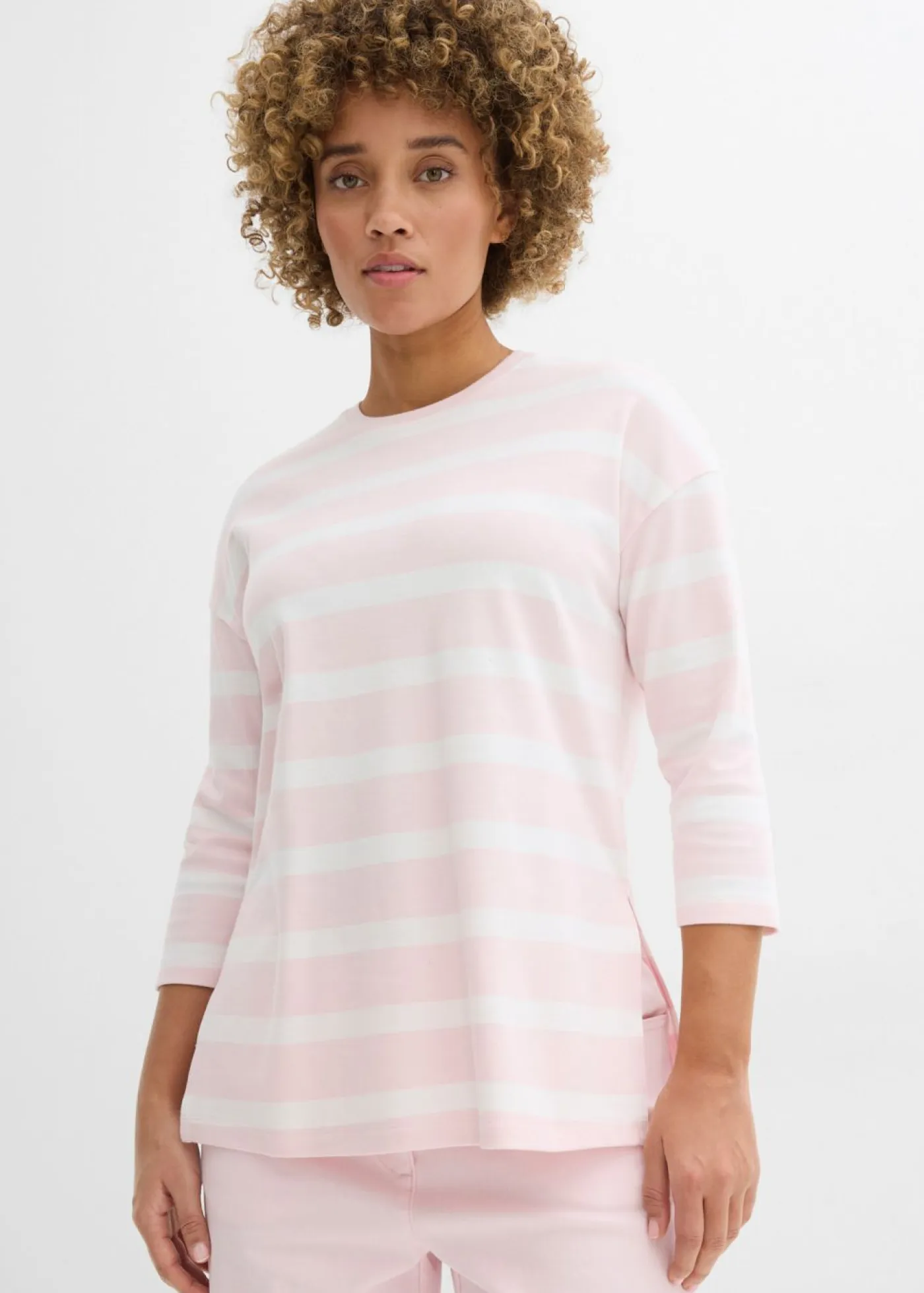 bonprix bonprix Camisetas|Novedades>Camiseta larga de algodón orgánico pesado rosa claro-blanco lana rayas horizontales
