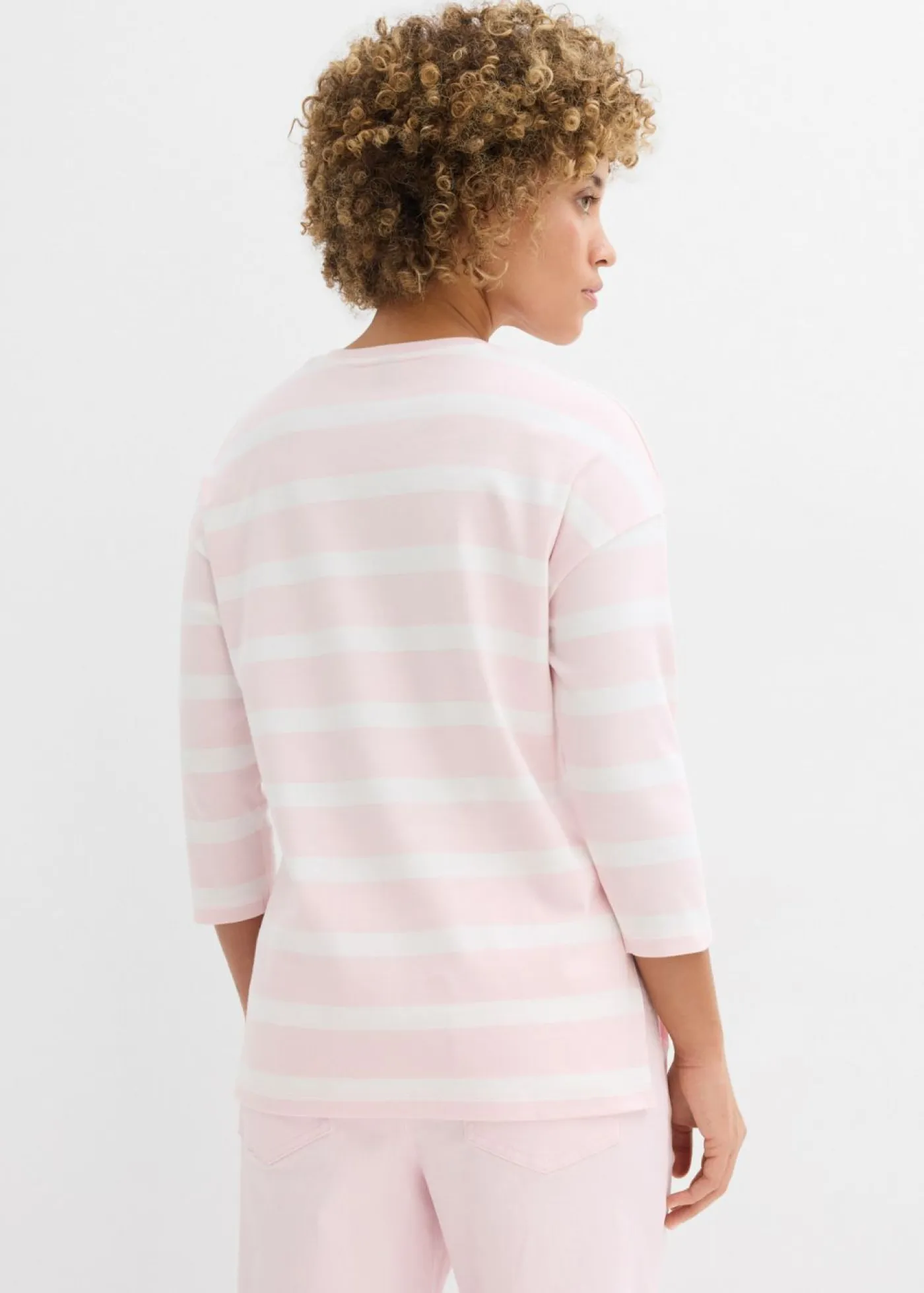 bonprix bonprix Camisetas|Novedades>Camiseta larga de algodón orgánico pesado rosa claro-blanco lana rayas horizontales