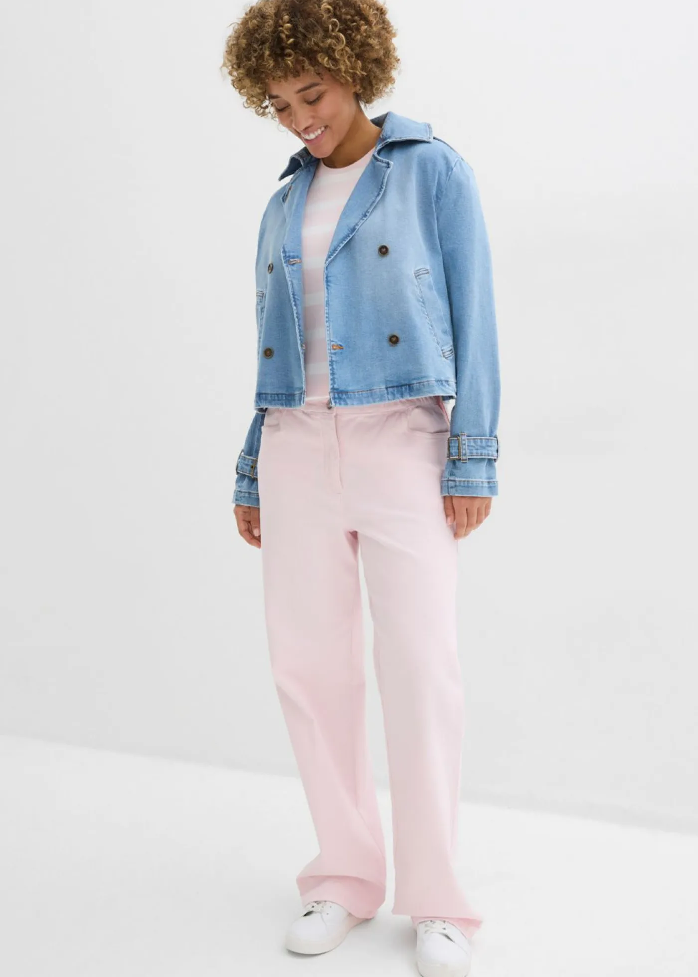 bonprix bonprix Camisetas|Novedades>Camiseta larga de algodón orgánico pesado rosa claro-blanco lana rayas horizontales