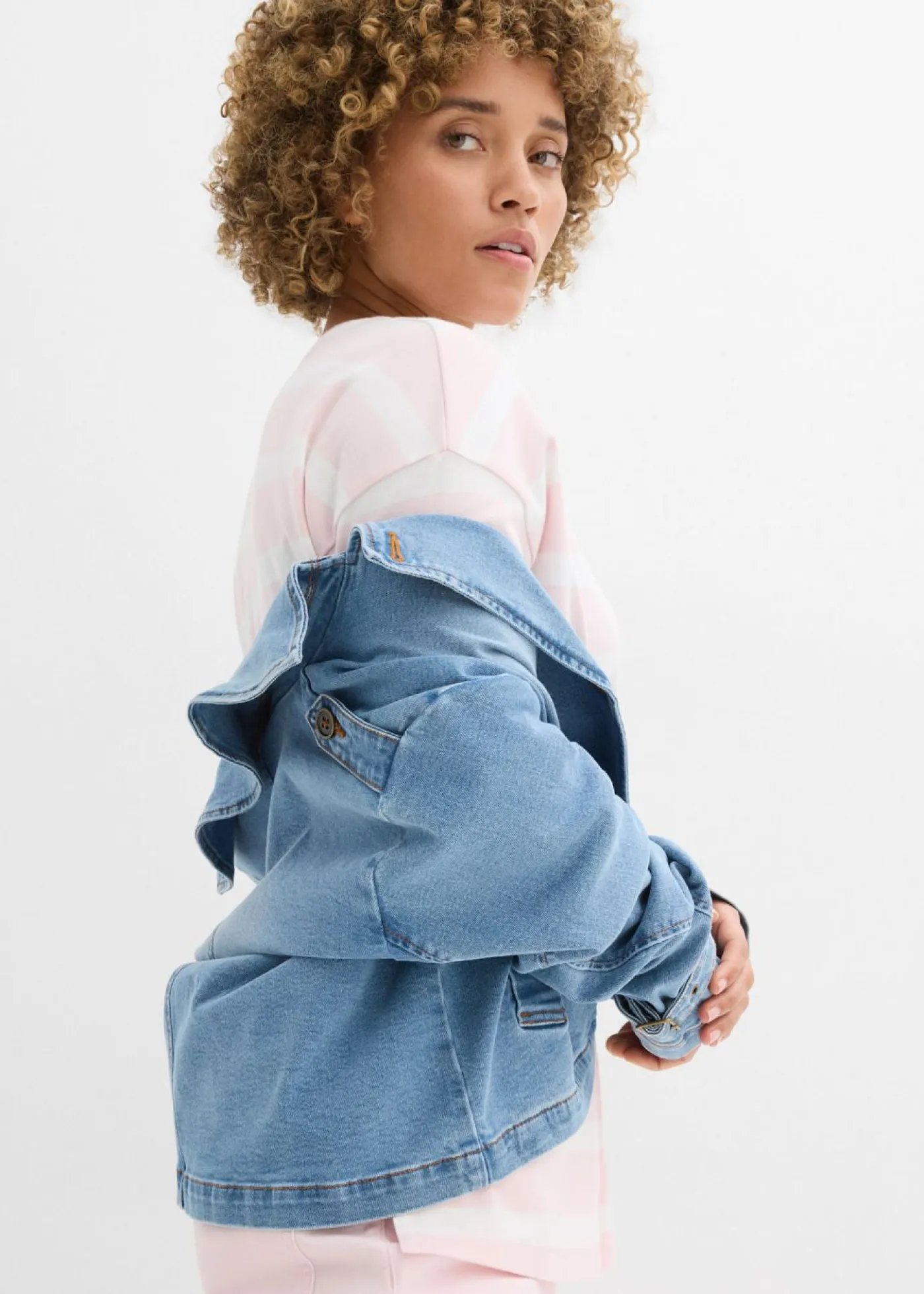 bonprix bonprix Camisetas|Novedades>Camiseta larga de algodón orgánico pesado rosa claro-blanco lana rayas horizontales