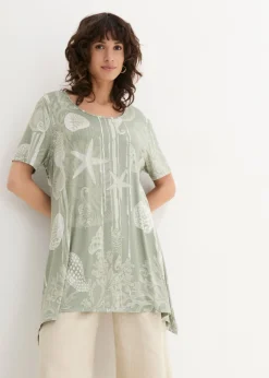bonprix bonprix Camisetas>Camiseta larga de suave mezcla de viscosa Verde agua/blanco estampado