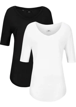bonprix bonprix Básicos|Camisetas>Camiseta larga de viscosa suave (2 unidades) Negro+blanco