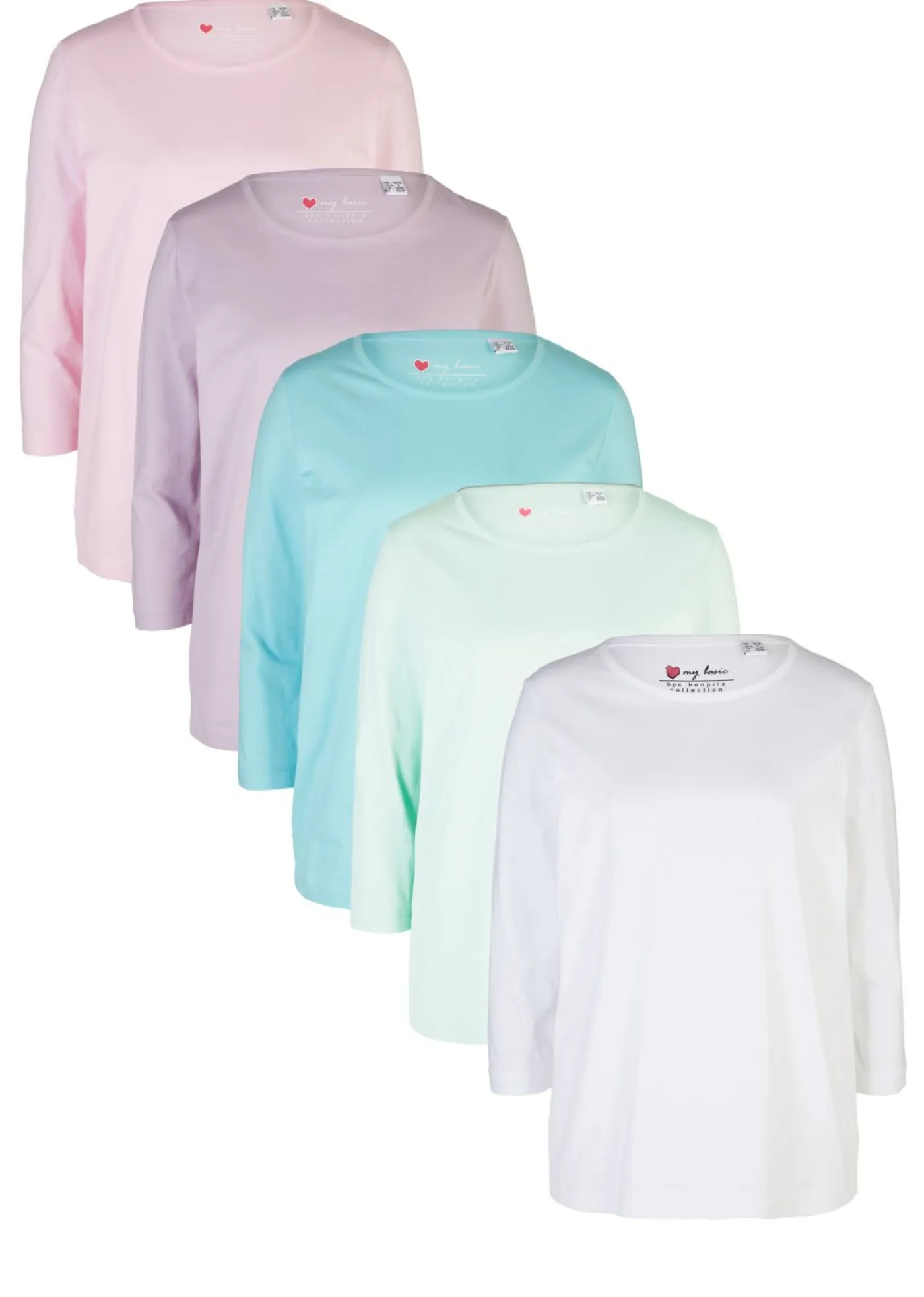 bonprix bonprix Básicos|Camisetas>Camiseta larga (5 unidades) rosa cristal+menta cristal+celeste mate+lila ahumado+blanco
