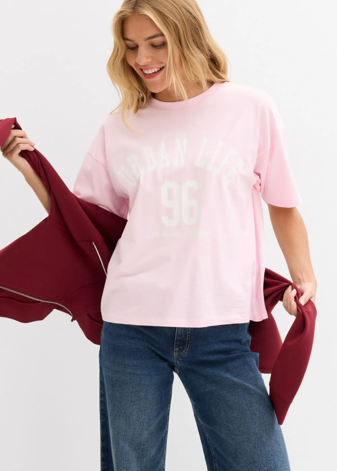 bonprix bonprix Camisetas>Camiseta oversize rosa cristal-blanco