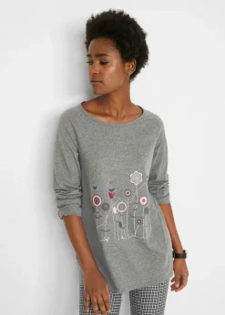 bonprix bonprix Camisetas>Camiseta oversize con cuello redondo Gris jaspeado con flores