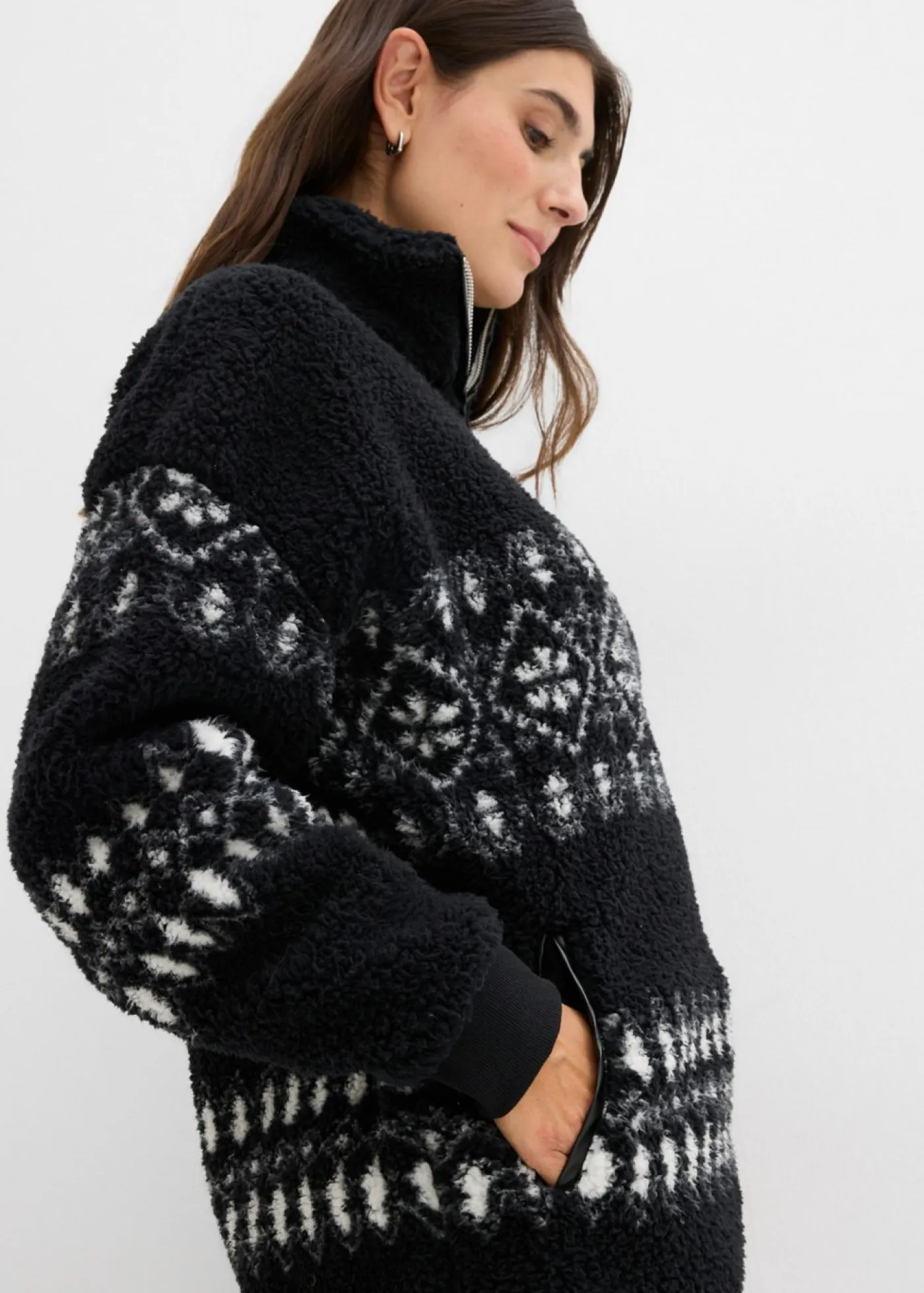 bonprix bonprix Ropa Cómoda>Camiseta polar Negro-blanco lana con patrón nórdico