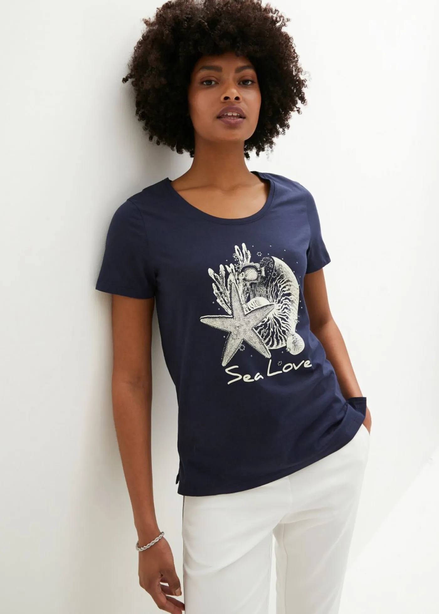 bonprix bonprix Camisetas>Camiseta Sea Love Azul marino-blanco crema estampado