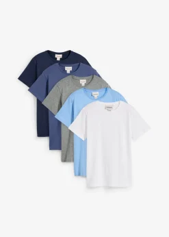 bonprix bonprix Ropa 9 A 16 Años·Camisetas>Camiseta (5 unidades) de algodón puro azul marino+blanco+azul provenzal+gris jaspeado+índigo